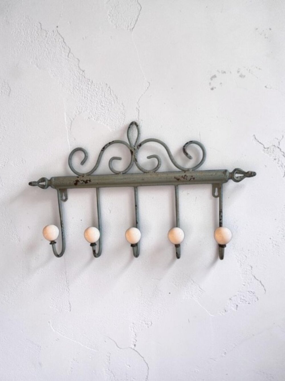 Vintage Shabby Chic Metal Coat Rack 19” Wall Hooks White Ceramic Knobs - Picture 14 of 14